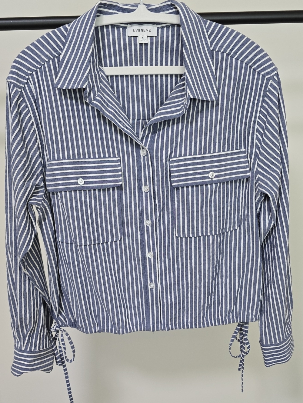 Evereve Navy and White Vertical-Striped Button Front Shirt